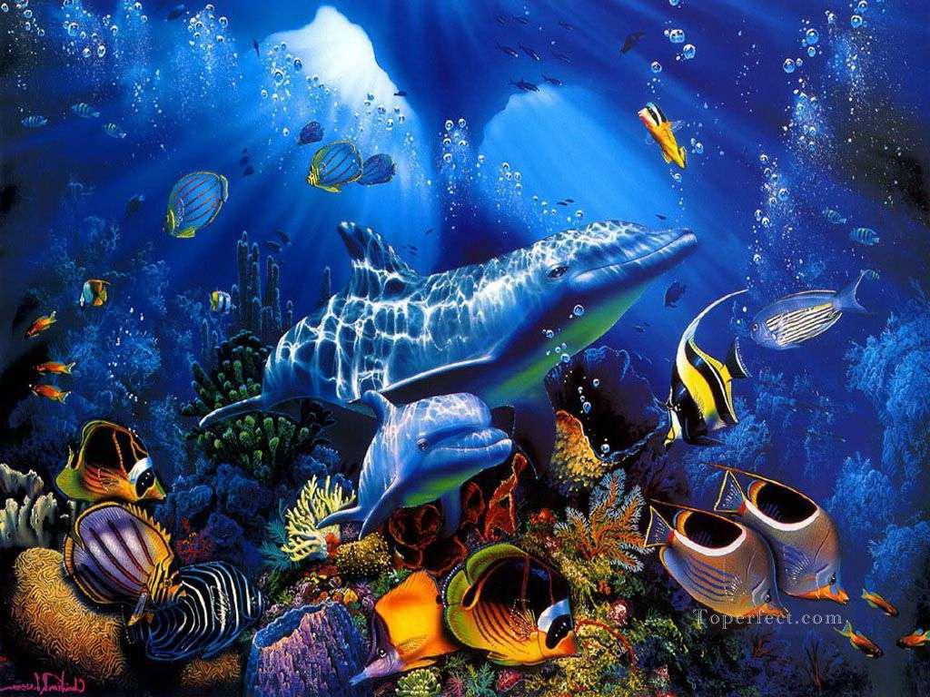 dolphin blue underwater Oil Paintings